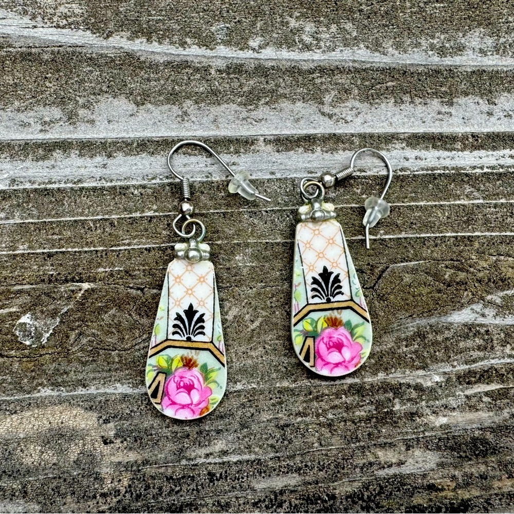 Handcrafted Porcelain Drop Earrings with Flower Design